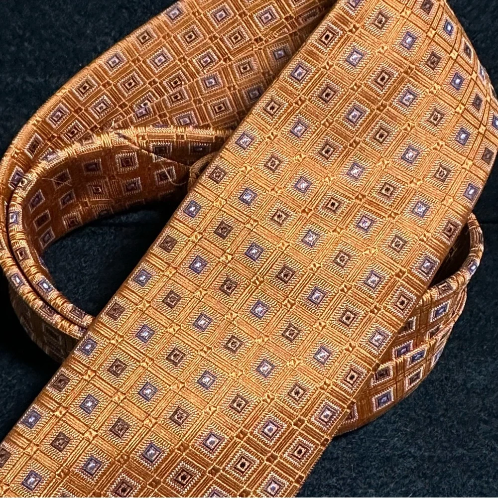 Black Brown 1826 Tie – Rich Pumpkin with Light Blue Squares- 100% Silk